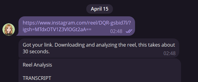 Mensaje de Telegram mostrando la salida estructurada de la transcripción del reel con transcripción, resumen, tono y puntos clave